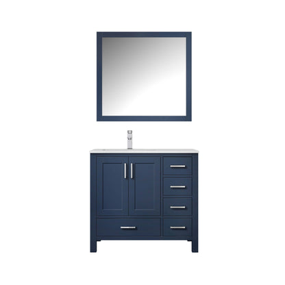 Jacques 36" Navy Blue Single Vanity, White Quartz Top, White Square Sink and 34" Mirror - Left Version - LJ342236SEWQM34L