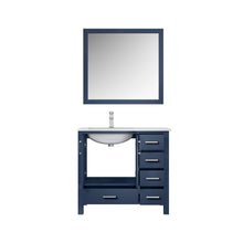 Load image into Gallery viewer, Jacques 36&quot; Navy Blue Single Vanity, White Quartz Top, White Square Sink and 34&quot; Mirror w/ Faucet - Left Version - LJ342236SEWQM34FL