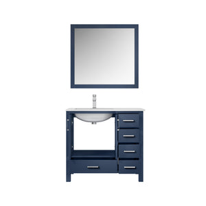 Jacques 36" Navy Blue Single Vanity, White Quartz Top, White Square Sink and 34" Mirror w/ Faucet - Left Version - LJ342236SEWQM34FL