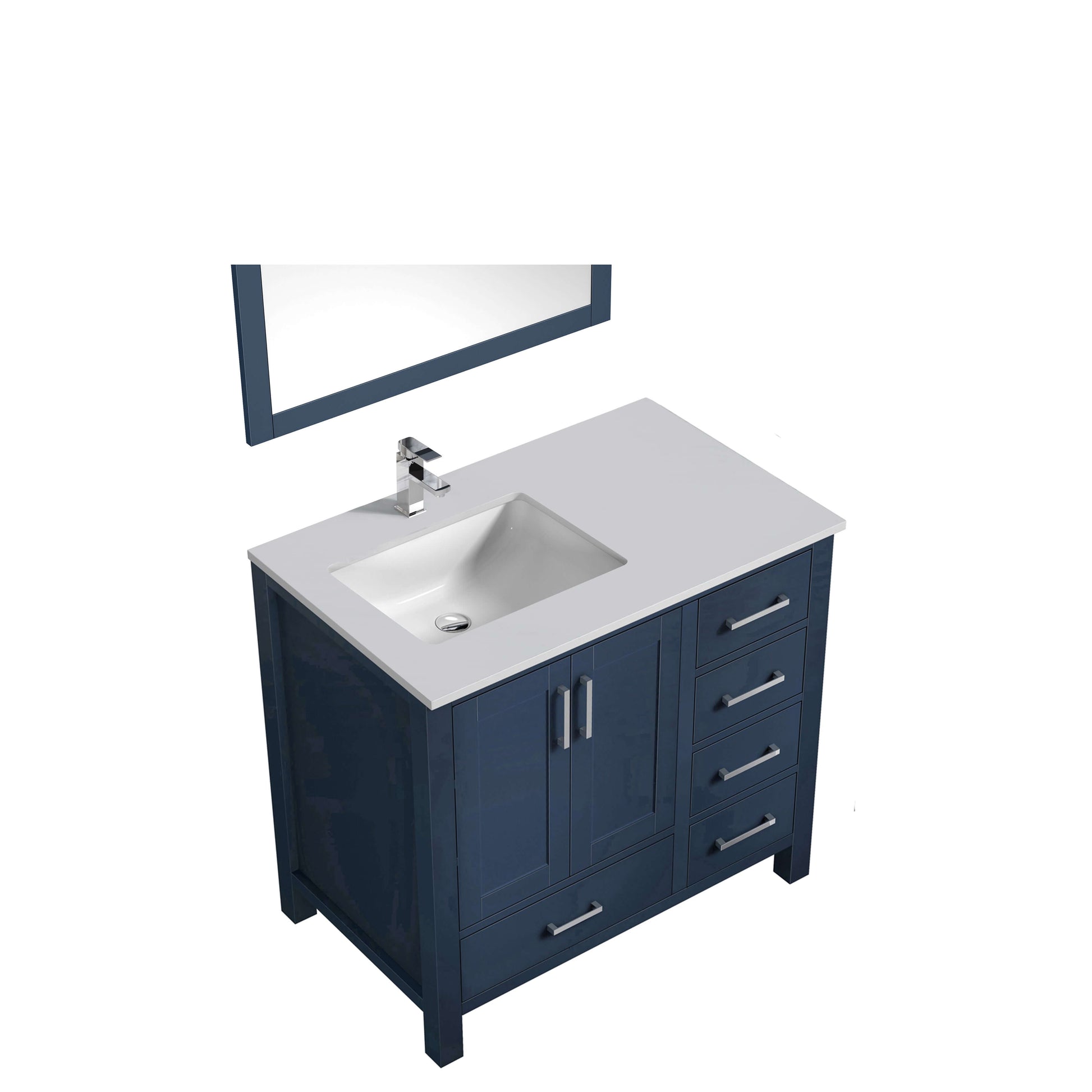 Jacques 36" Navy Blue Single Vanity, White Quartz Top, White Square Sink and 34" Mirror w/ Faucet - Left Version - LJ342236SEWQM34FL