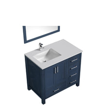 Load image into Gallery viewer, Jacques 36&quot; Navy Blue Single Vanity, White Quartz Top, White Square Sink and 34&quot; Mirror w/ Faucet - Left Version - LJ342236SEWQM34FL