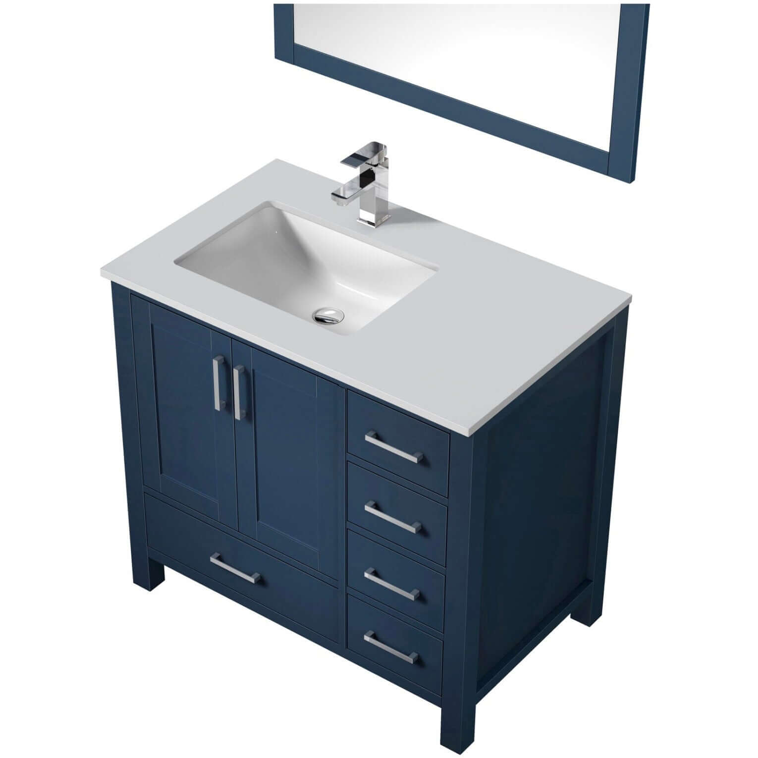 Jacques 36" Navy Blue Single Vanity, White Quartz Top, White Square Sink and 34" Mirror - Left Version - LJ342236SEWQM34L