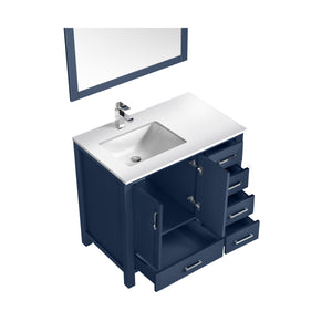 Jacques 36" Navy Blue Single Vanity, White Quartz Top, White Square Sink and 34" Mirror w/ Faucet - Left Version - LJ342236SEWQM34FL