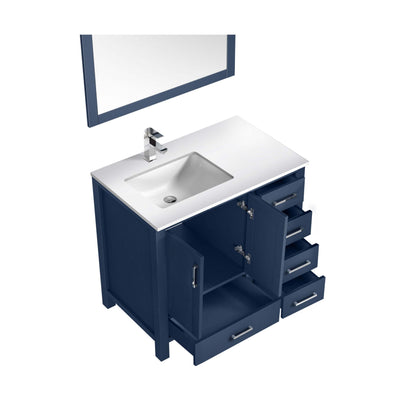 Jacques 36" Navy Blue Single Vanity, White Quartz Top, White Square Sink and 34" Mirror - Left Version - LJ342236SEWQM34L