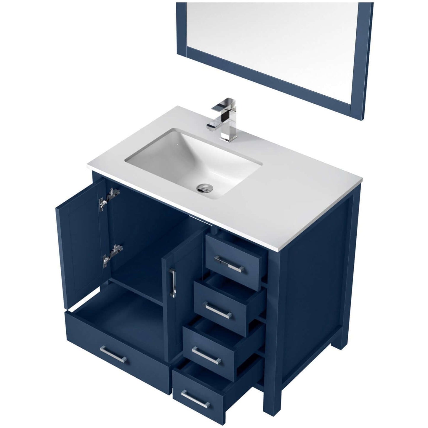 Jacques 36" Navy Blue Single Vanity, White Quartz Top, White Square Sink and 34" Mirror - Left Version - LJ342236SEWQM34L