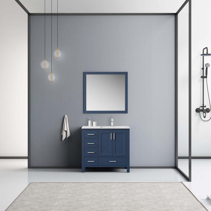 Jacques 36" Navy Blue Single Vanity, White Quartz Top, White Square Sink and 34" Mirror - Right Version - LJ342236SEWQM34R