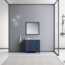 Load image into Gallery viewer, Jacques 36&quot; Navy Blue Single Vanity, White Quartz Top, White Square Sink and 34&quot; Mirror - Right Version - LJ342236SEWQM34R