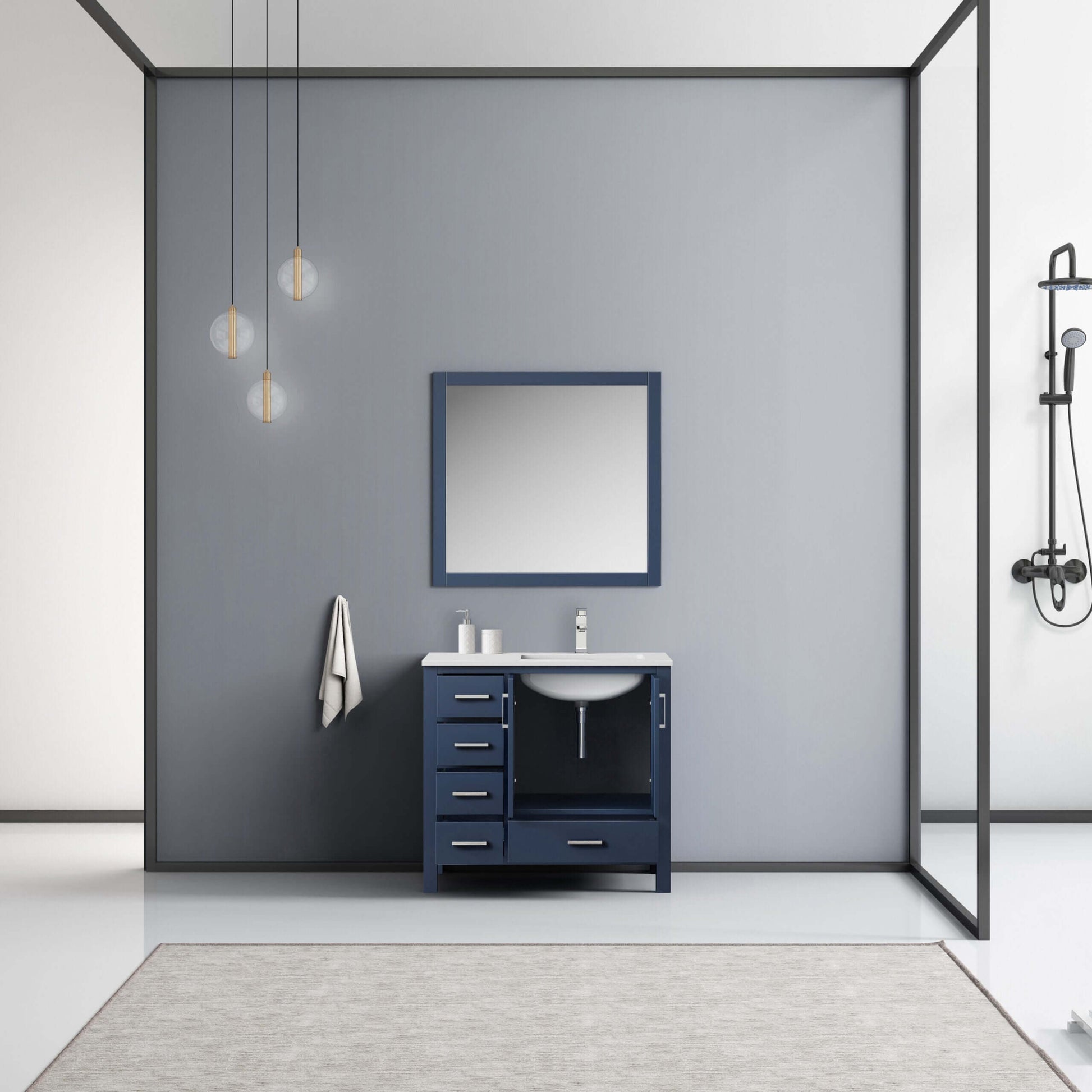 Jacques 36" Navy Blue Single Vanity, White Quartz Top, White Square Sink and 34" Mirror - Right Version - LJ342236SEWQM34R