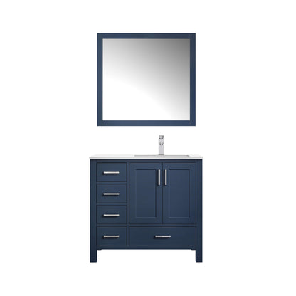 Jacques 36" Navy Blue Single Vanity, White Quartz Top, White Square Sink and 34" Mirror - Right Version - LJ342236SEWQM34R