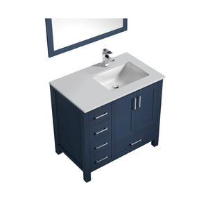 Jacques 36" Navy Blue Single Vanity, White Quartz Top, White Square Sink and 34" Mirror - Right Version - LJ342236SEWQM34R