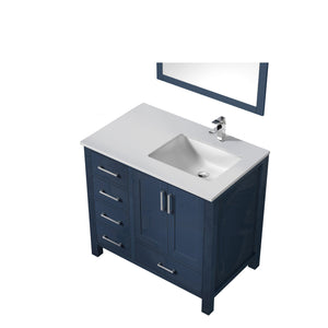 Jacques 36" Navy Blue Single Vanity, White Quartz Top, White Square Sink and 34" Mirror w/ Faucet - Right Version - LJ342236SEWQM34FR
