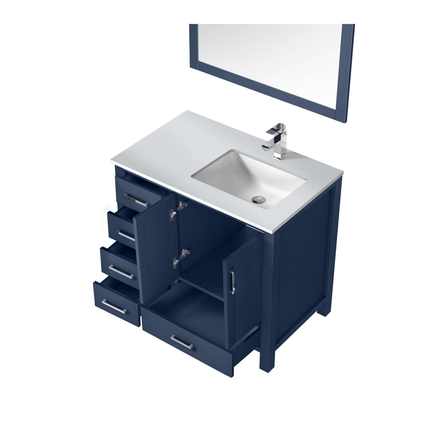 Jacques 36" Navy Blue Single Vanity, White Quartz Top, White Square Sink and 34" Mirror w/ Faucet - Right Version - LJ342236SEWQM34FR