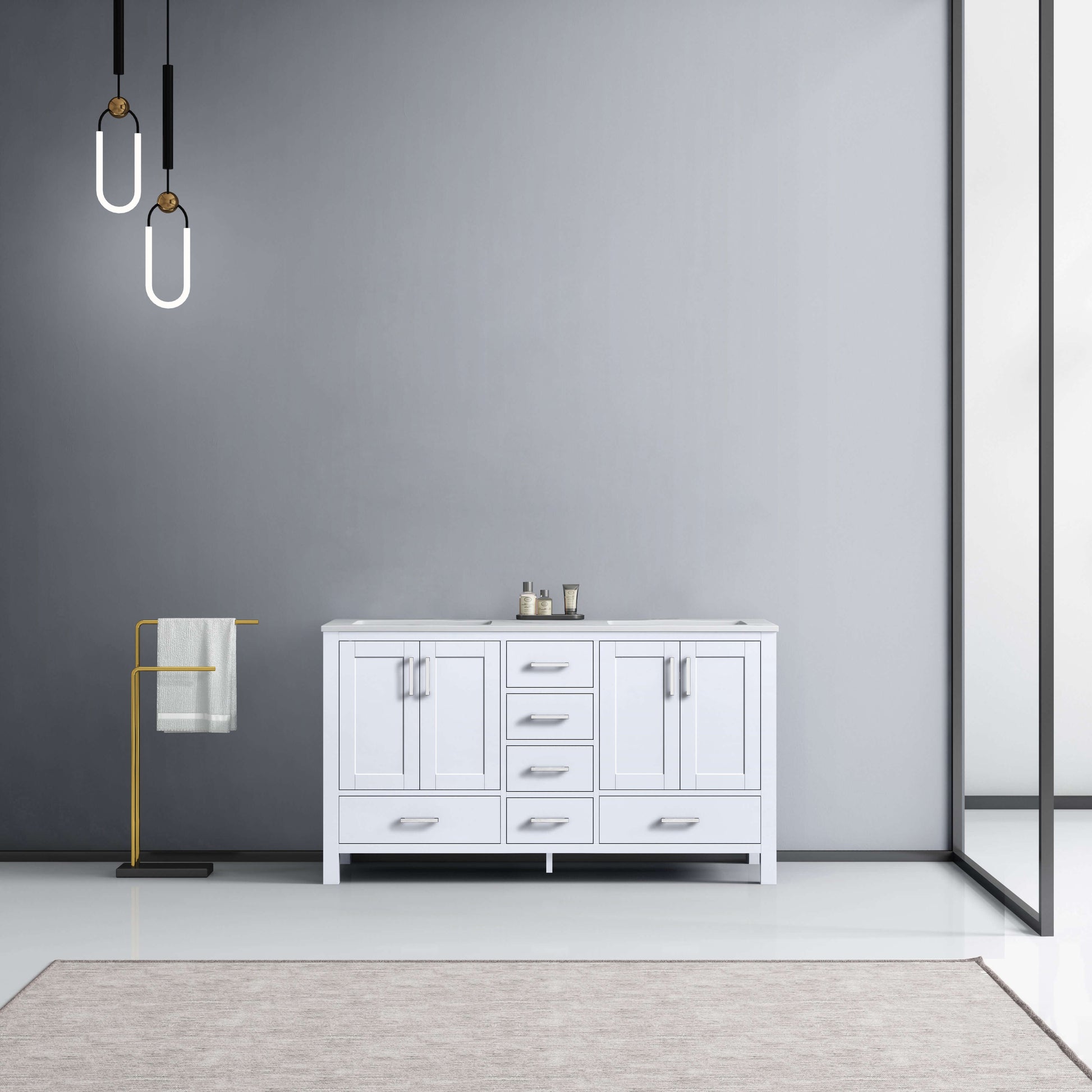 Jacques 60" White Double Vanity, White Carrara Marble Top, White Square Sinks and no Mirror - LJ342260DADS000