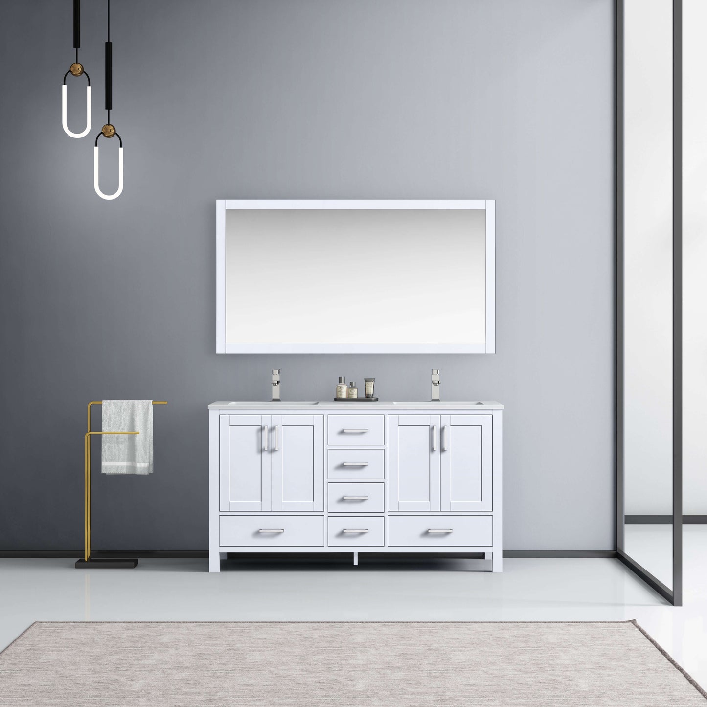 Jacques 60" White Double Vanity, White Carrara Marble Top, White Square Sinks and 58" Mirror - LJ342260DADSM58