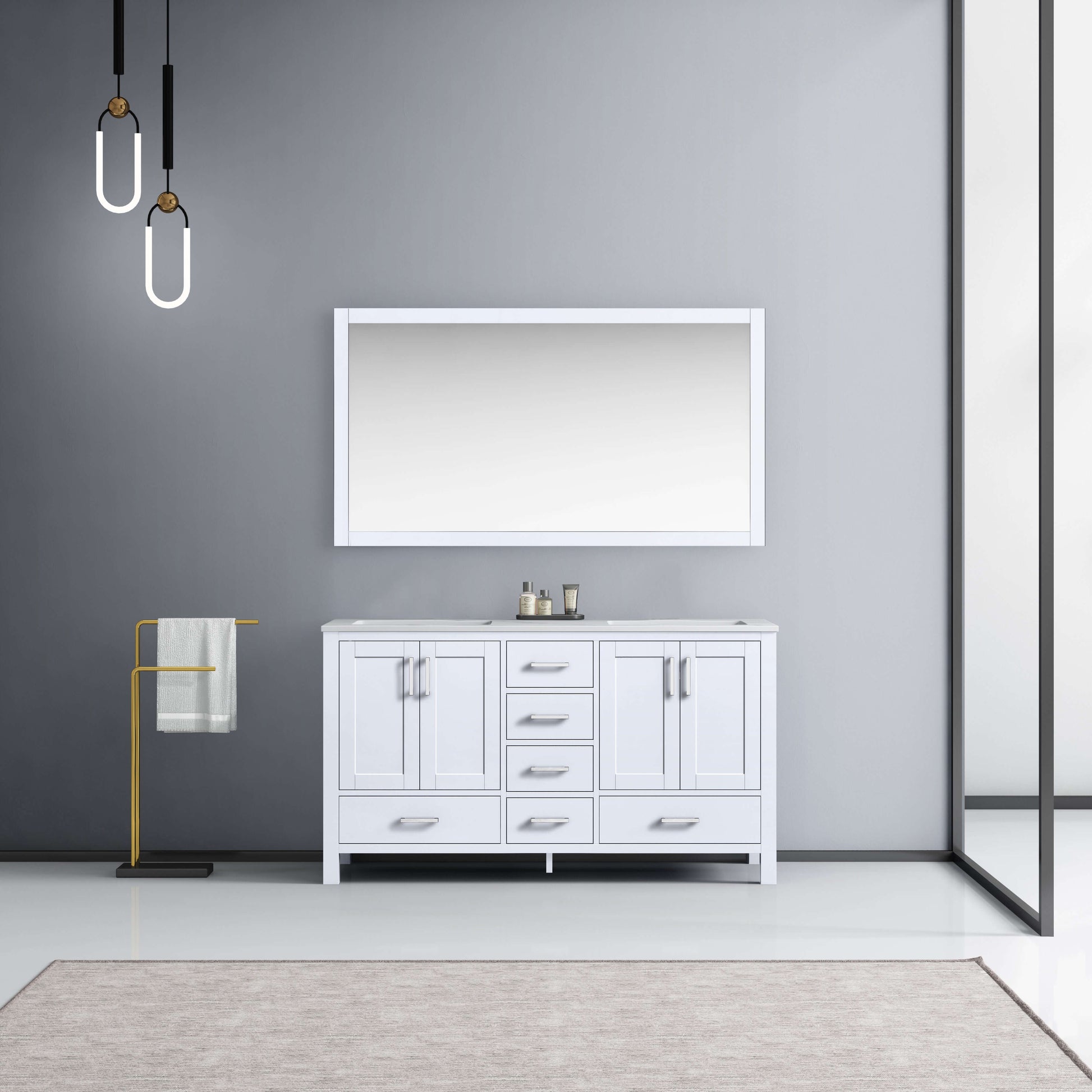 Jacques 60" White Double Vanity, White Carrara Marble Top, White Square Sinks and 58" Mirror - LJ342260DADSM58