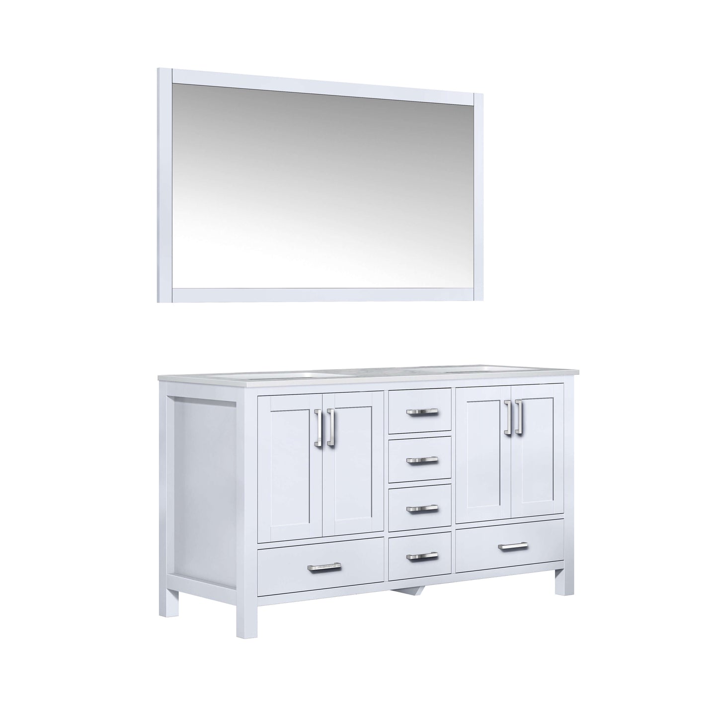 Jacques 60" White Double Vanity, White Carrara Marble Top, White Square Sinks and 58" Mirror - LJ342260DADSM58