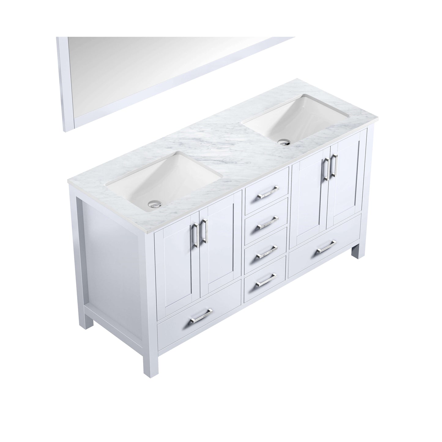 Jacques 60" White Double Vanity, White Carrara Marble Top, White Square Sinks and 58" Mirror - LJ342260DADSM58