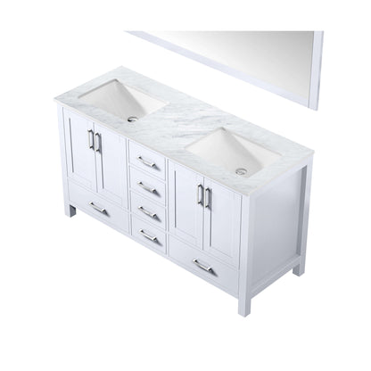 Jacques 60" White Double Vanity, White Carrara Marble Top, White Square Sinks and 58" Mirror - LJ342260DADSM58