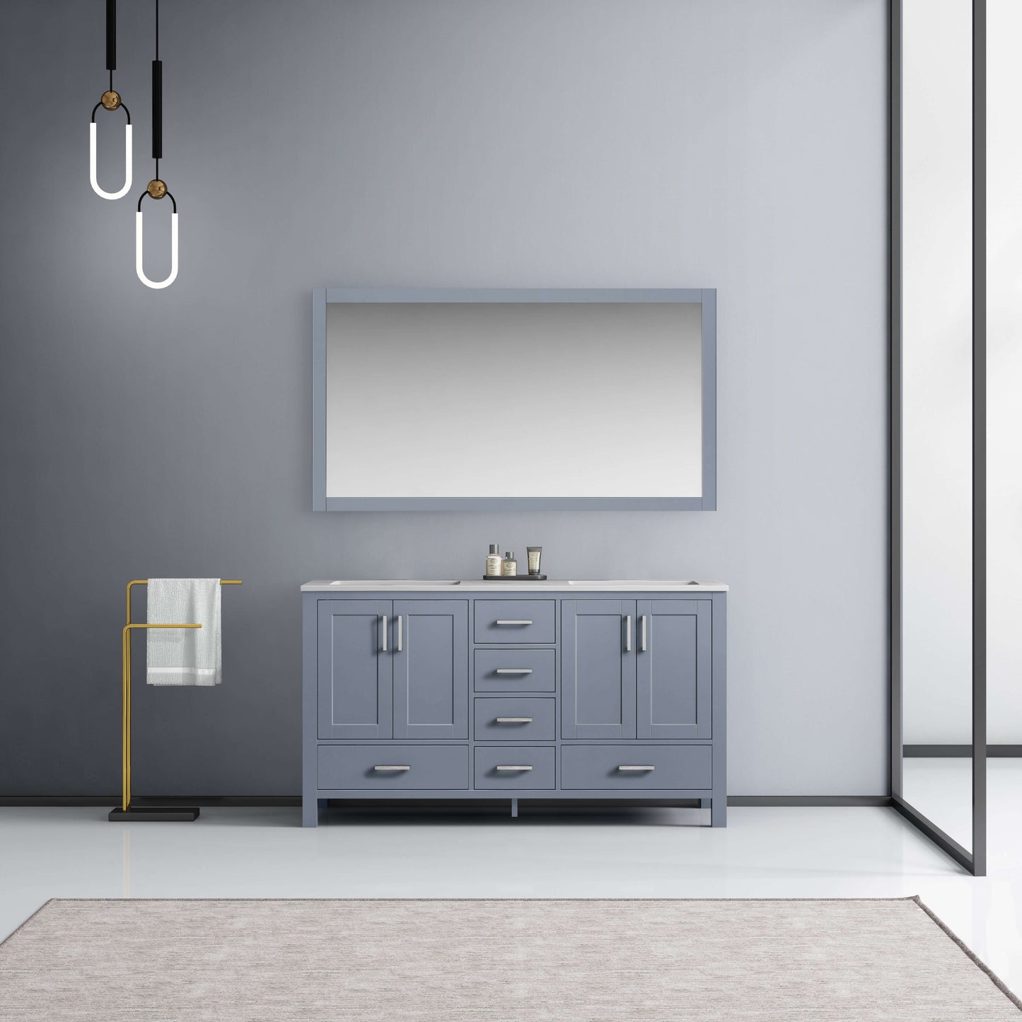 Jacques 60" Dark Grey Double Vanity, White Carrara Marble Top, White Square Sinks and 58" Mirror - LJ342260DBDSM58