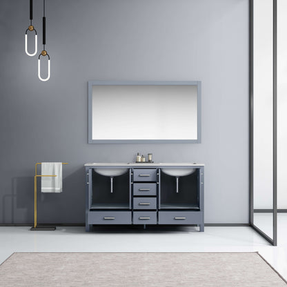 Jacques 60" Dark Grey Double Vanity, White Carrara Marble Top, White Square Sinks and 58" Mirror - LJ342260DBDSM58