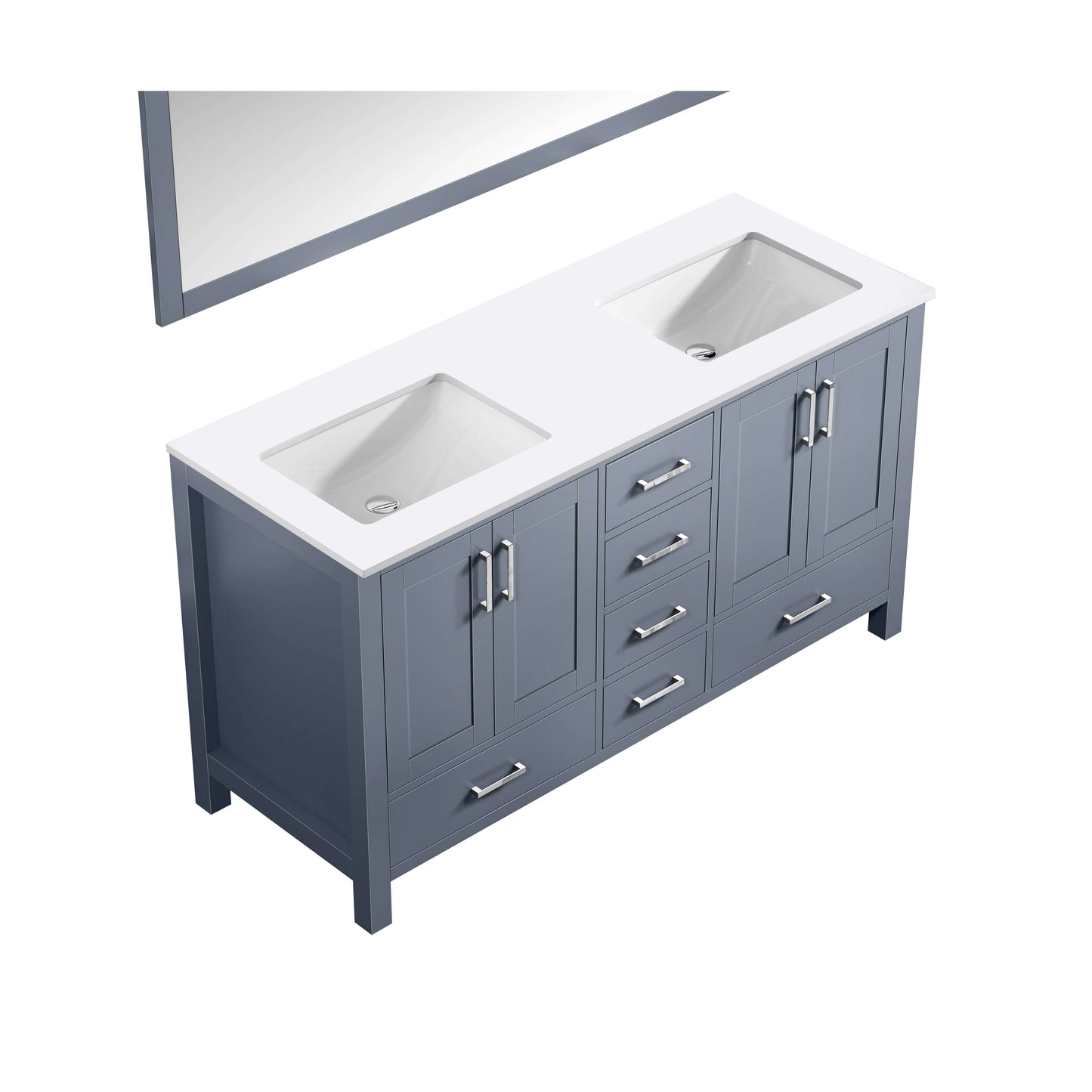 Jacques 60" Dark Grey Double Vanity, White Quartz Top, White Square Sinks and 58" Mirror - LJ342260DBWQM58