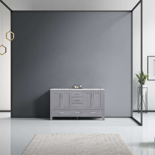 Jacques 60" Distressed Grey Double Vanity, White Carrara Marble Top, White Square Sinks and no Mirror - LJ342260DDDS000