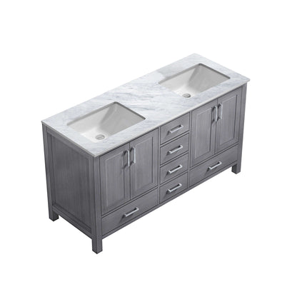 Jacques 60" Distressed Grey Double Vanity, White Carrara Marble Top, White Square Sinks and no Mirror - LJ342260DDDS000