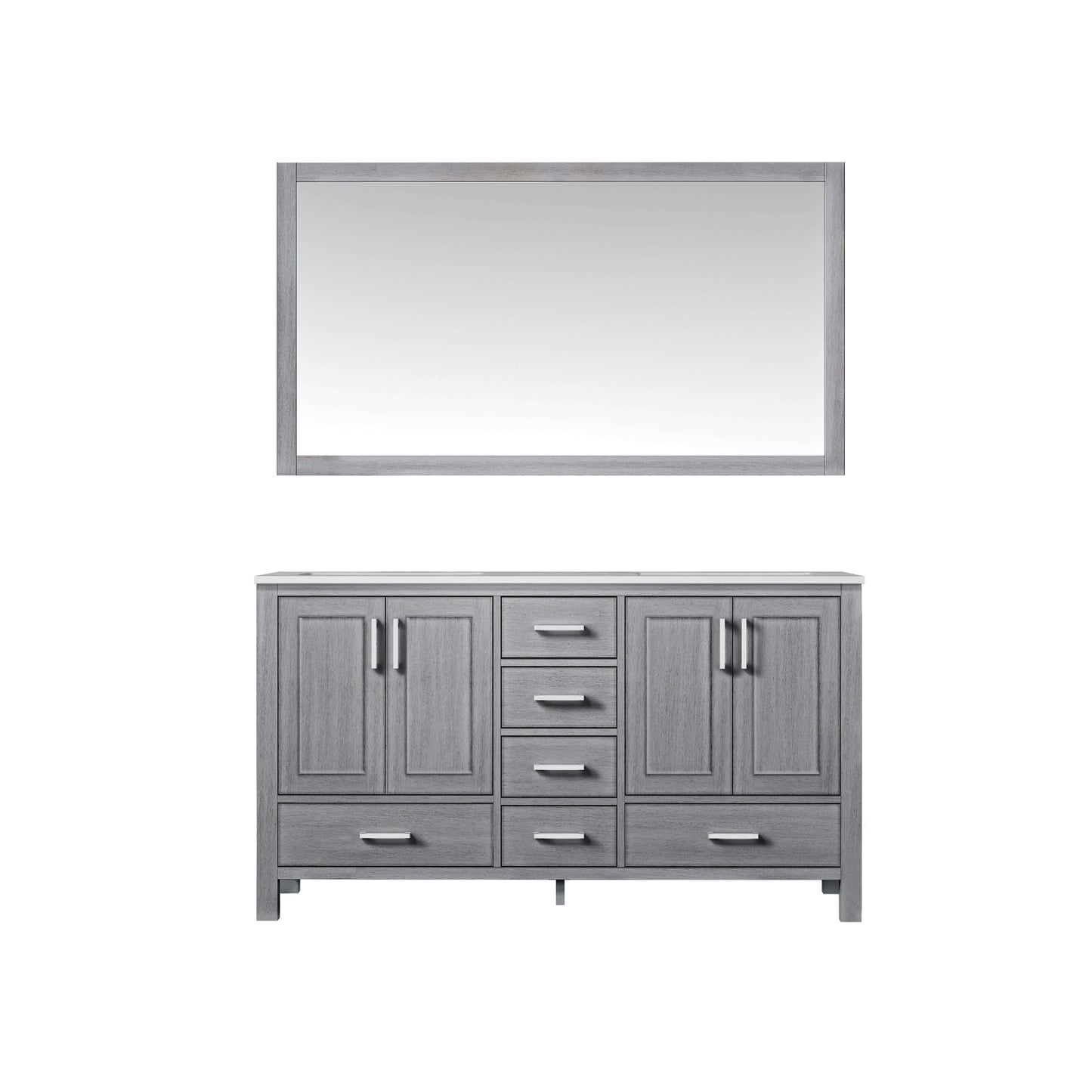 Jacques 60" Distressed Grey Double Vanity, White Carrara Marble Top, White Square Sinks and 58" Mirror - LJ342260DDDSM58