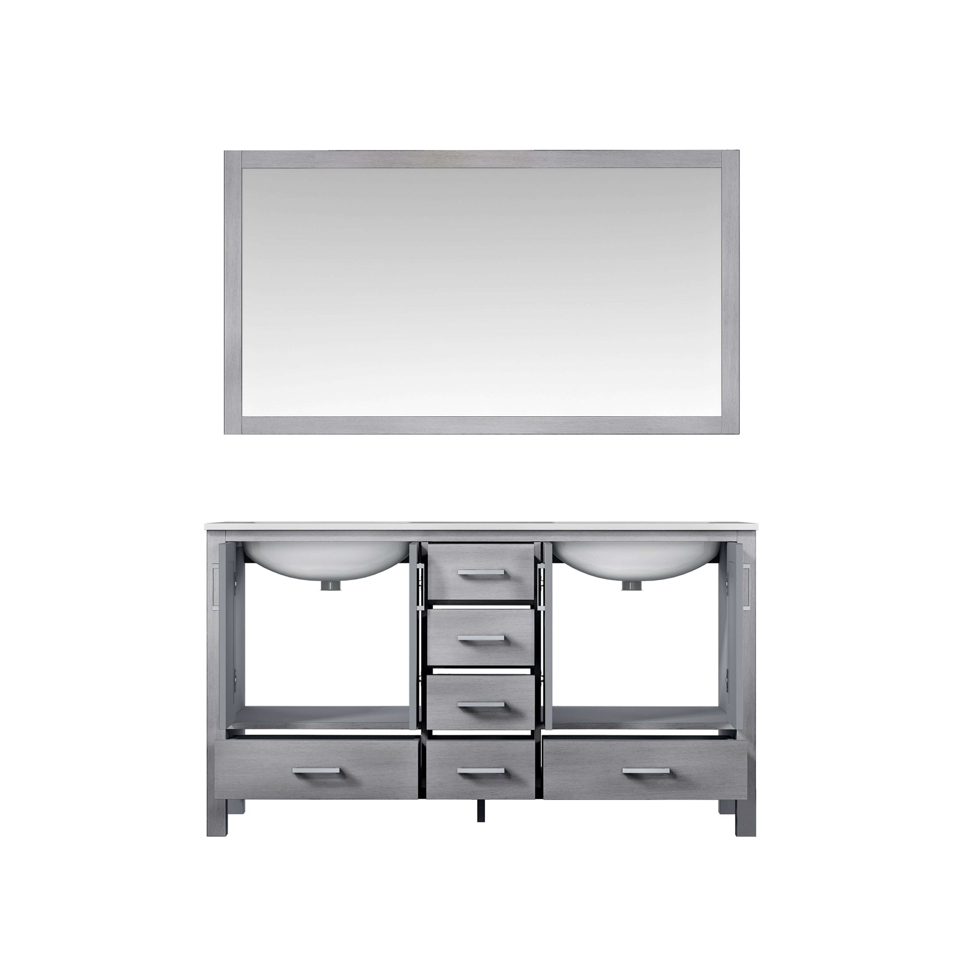 Jacques 60" Distressed Grey Double Vanity, White Carrara Marble Top, White Square Sinks and 58" Mirror - LJ342260DDDSM58