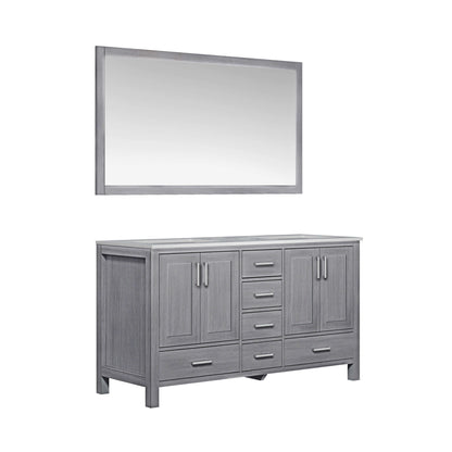 Jacques 60" Distressed Grey Double Vanity, White Carrara Marble Top, White Square Sinks and 58" Mirror - LJ342260DDDSM58