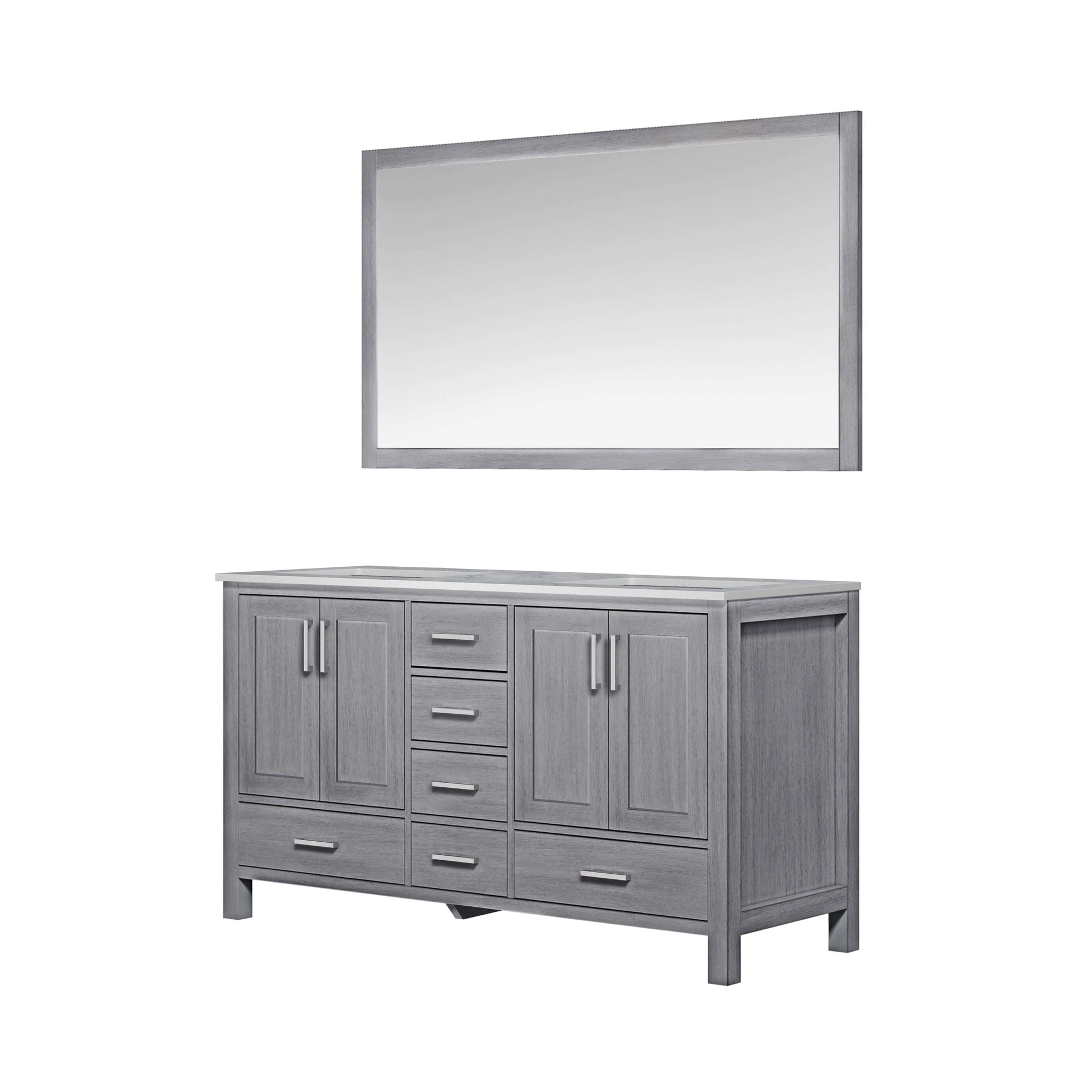 Jacques 60" Distressed Grey Double Vanity, White Carrara Marble Top, White Square Sinks and 58" Mirror - LJ342260DDDSM58