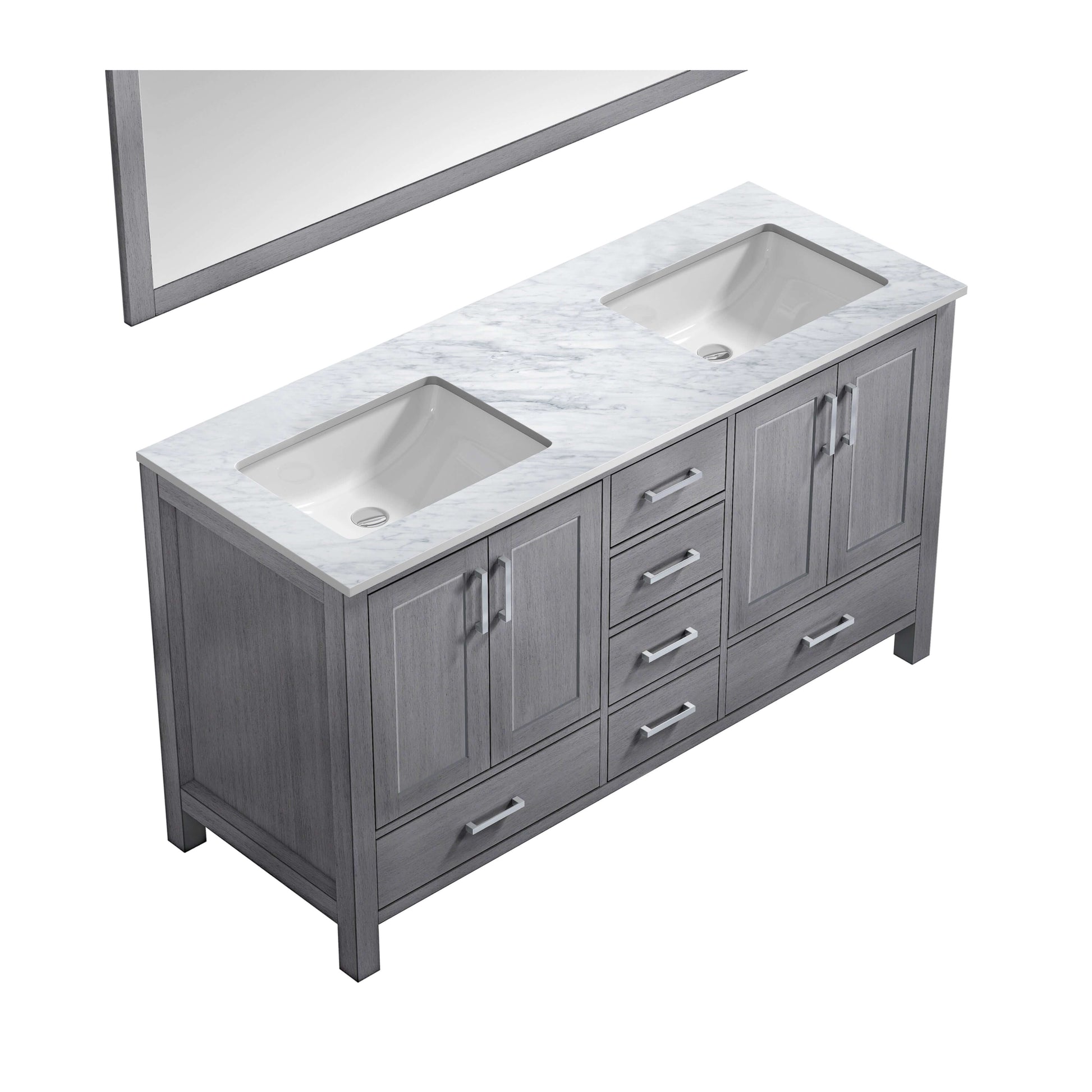 Jacques 60" Distressed Grey Double Vanity, White Carrara Marble Top, White Square Sinks and 58" Mirror - LJ342260DDDSM58