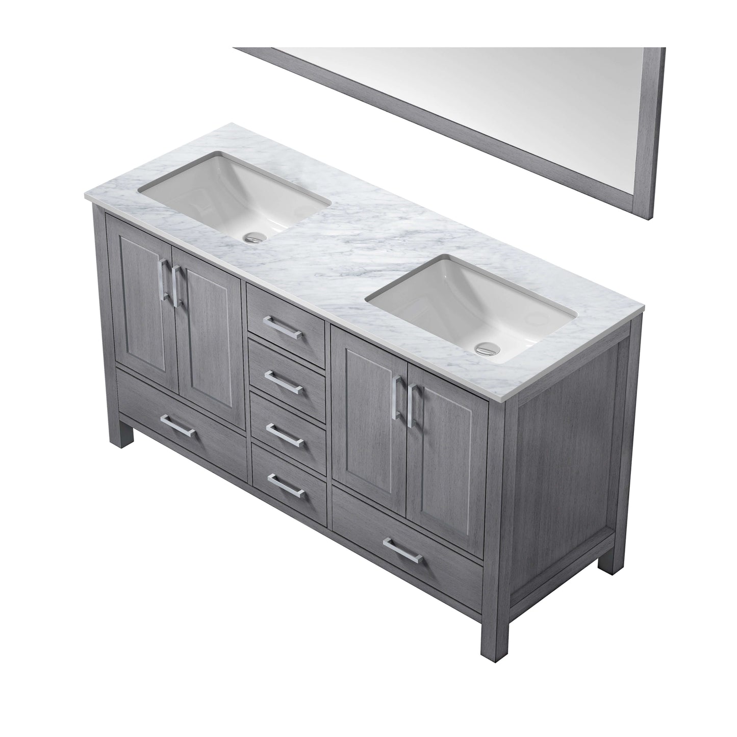 Jacques 60" Distressed Grey Double Vanity, White Carrara Marble Top, White Square Sinks and 58" Mirror - LJ342260DDDSM58