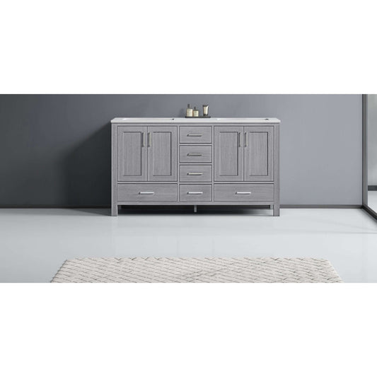 Jacques 60" Distressed Grey Double Vanity, White Quartz Top, White Square Sinks and no Mirror - LJ342260DDWQ000