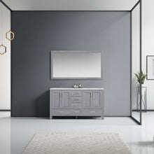 Load image into Gallery viewer, Jacques 60&quot; Distressed Grey Double Vanity, White Quartz Top, White Square Sinks and 58&quot; Mirror - LJ342260DDWQM58