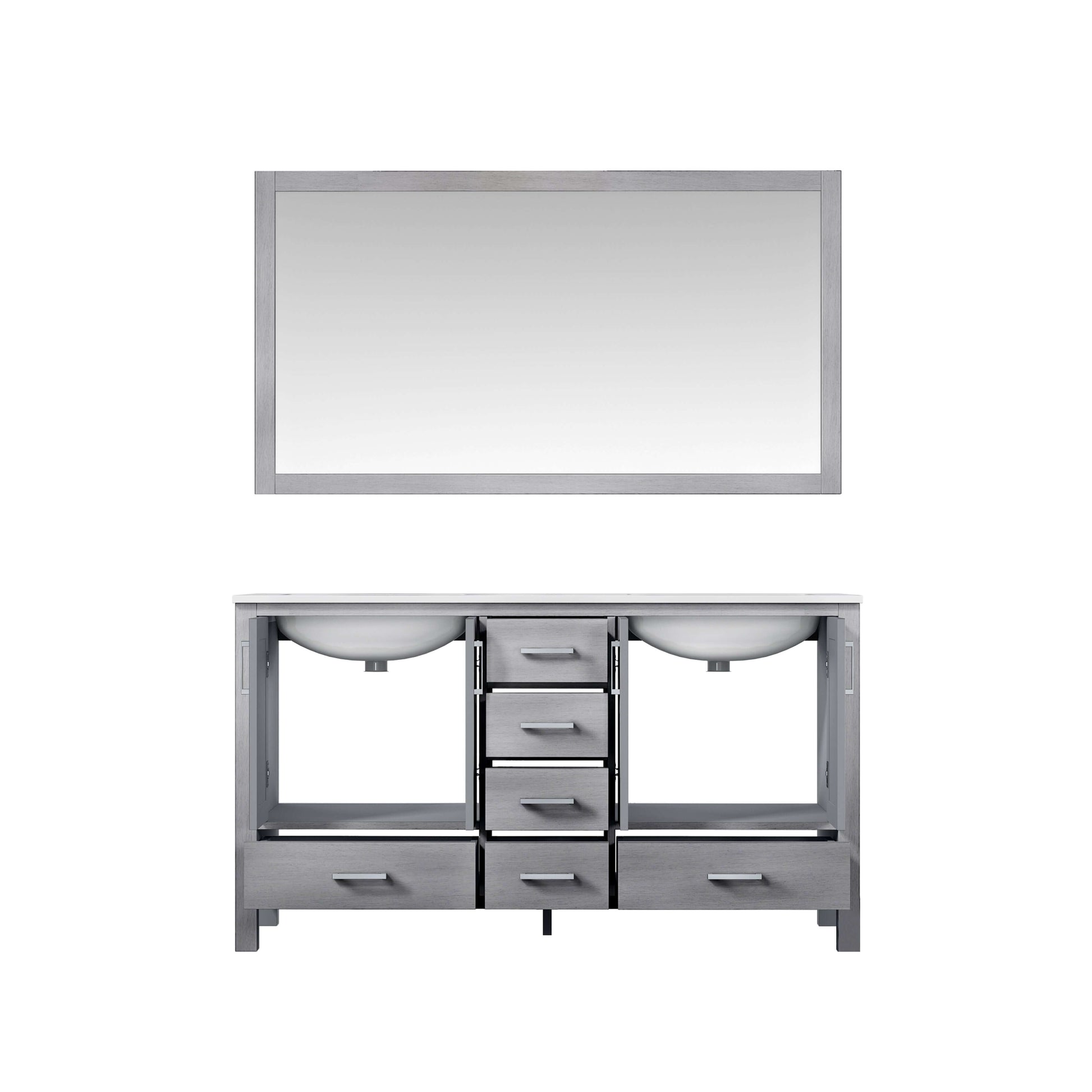 Jacques 60" Distressed Grey Double Vanity, White Quartz Top, White Square Sinks and 58" Mirror - LJ342260DDWQM58