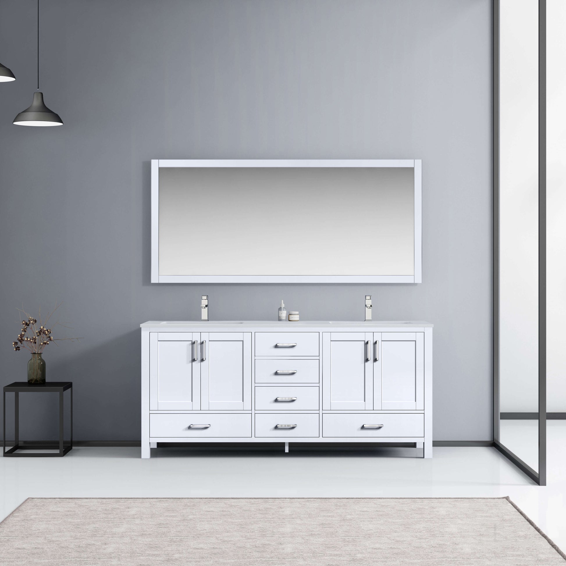 Jacques 72" White Double Vanity, White Quartz Top, White Square Sinks and 70" Mirror - LJ342272DAWQM70