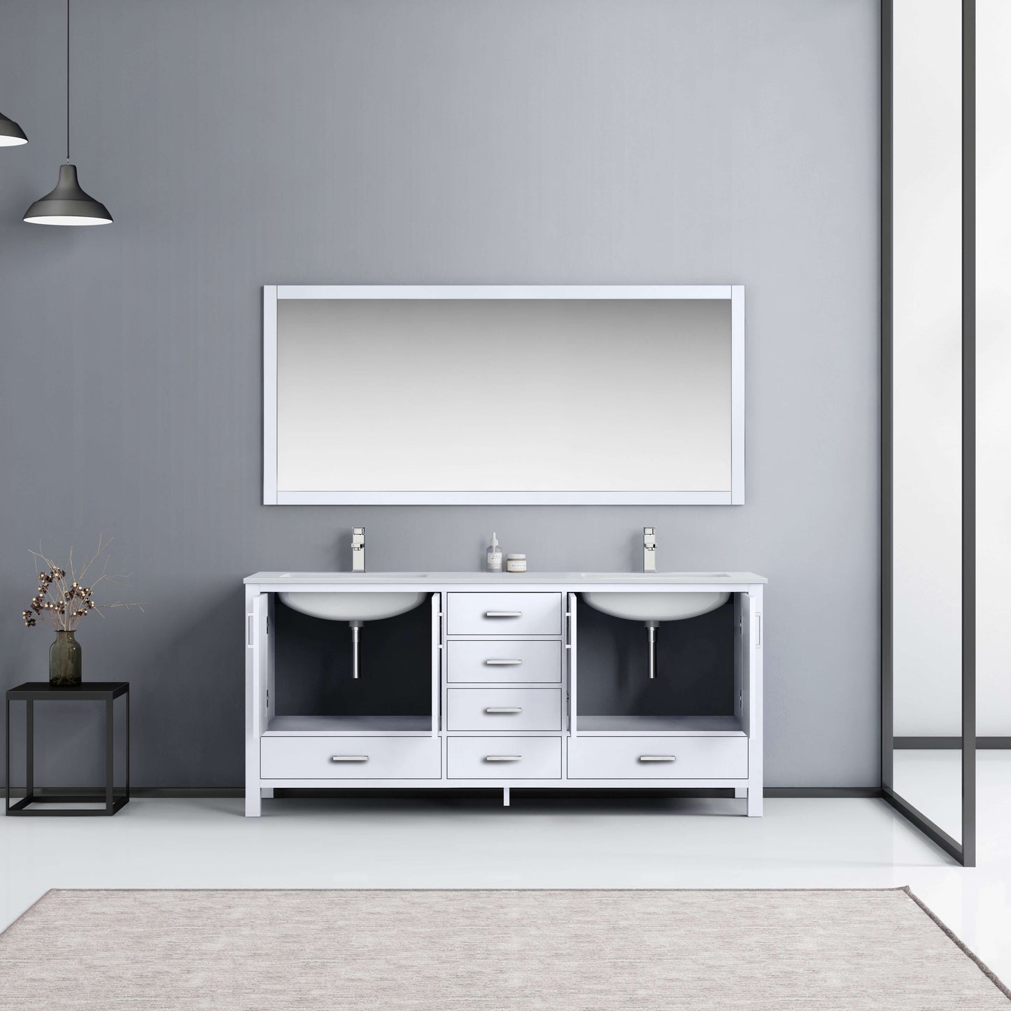 Jacques 72" White Double Vanity, White Quartz Top, White Square Sinks and 70" Mirror - LJ342272DAWQM70