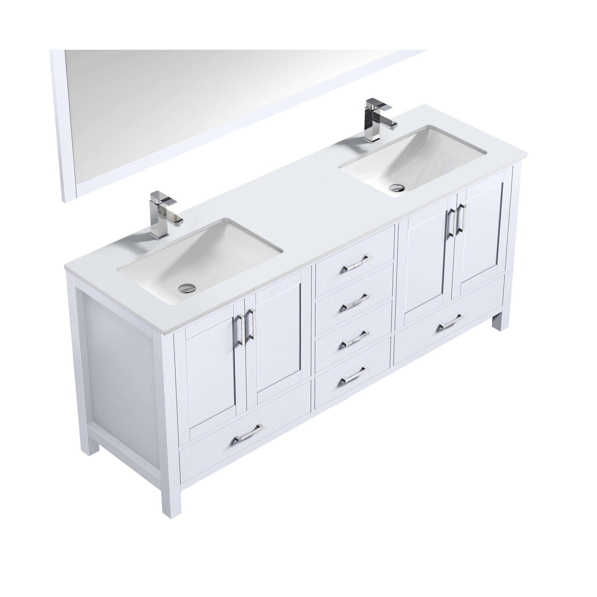 Jacques 72" White Double Vanity, White Quartz Top, White Square Sinks and 70" Mirror - LJ342272DAWQM70