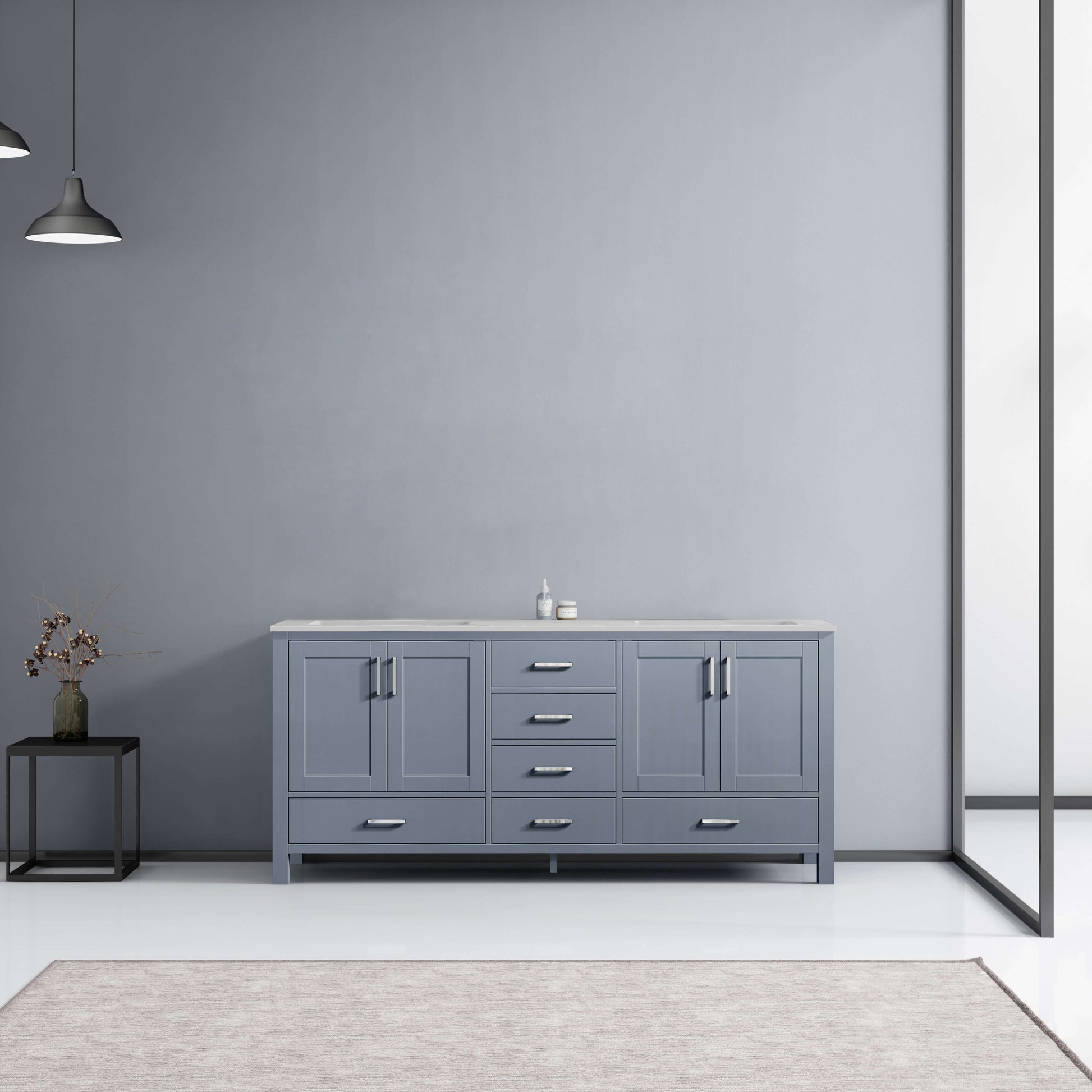 Jacques 72" Dark Grey Double Vanity, White Carrara Marble Top, White Square Sinks and no Mirror - LJ342272DBDS000