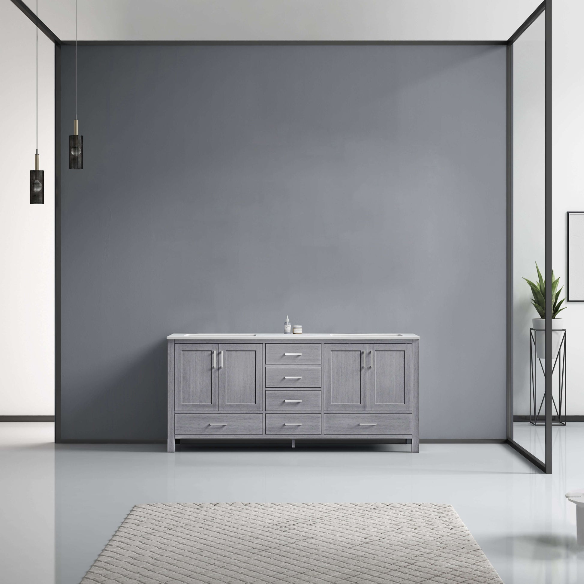 Jacques 72" Distressed Grey Double Vanity, White Carrara Marble Top, White Square Sinks and no Mirror - LJ342272DDDS000