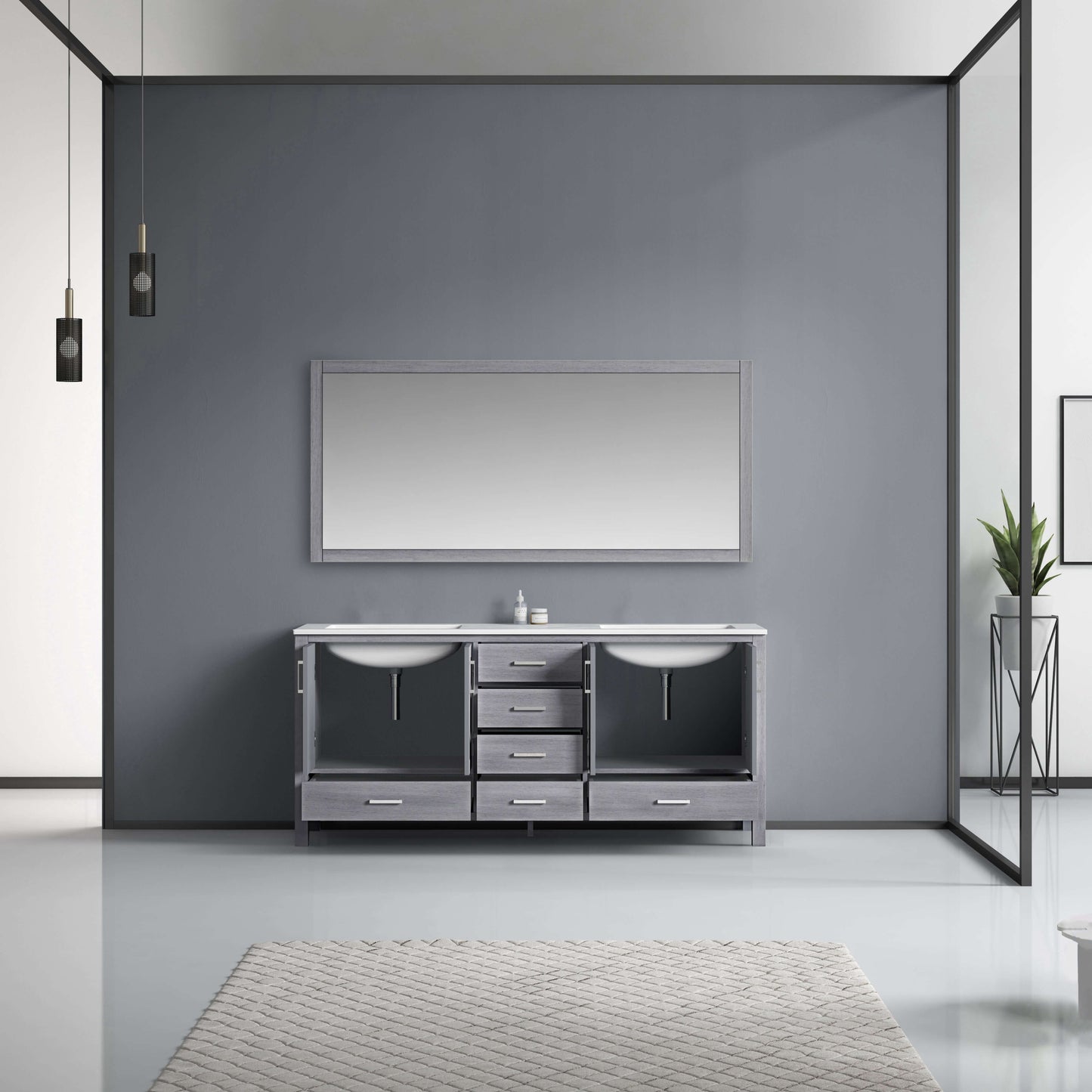 Jacques 72" Distressed Grey Double Vanity, White Carrara Marble Top, White Square Sinks and 70" Mirror - LJ342272DDDSM70