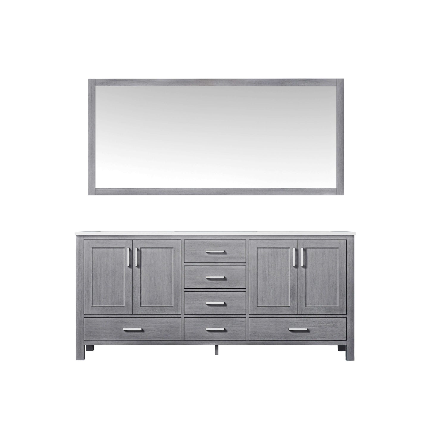 Jacques 72" Distressed Grey Double Vanity, White Carrara Marble Top, White Square Sinks and 70" Mirror - LJ342272DDDSM70