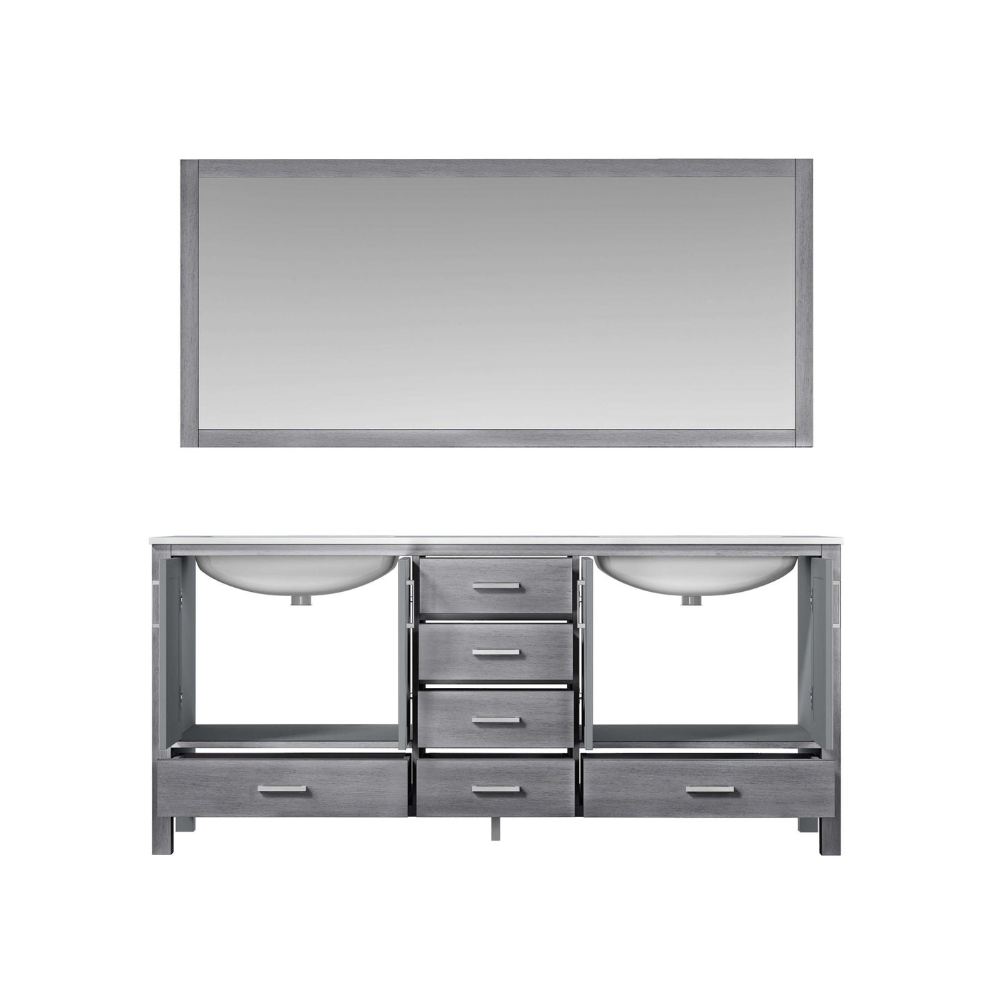 Jacques 72" Distressed Grey Double Vanity, White Carrara Marble Top, White Square Sinks and 70" Mirror - LJ342272DDDSM70