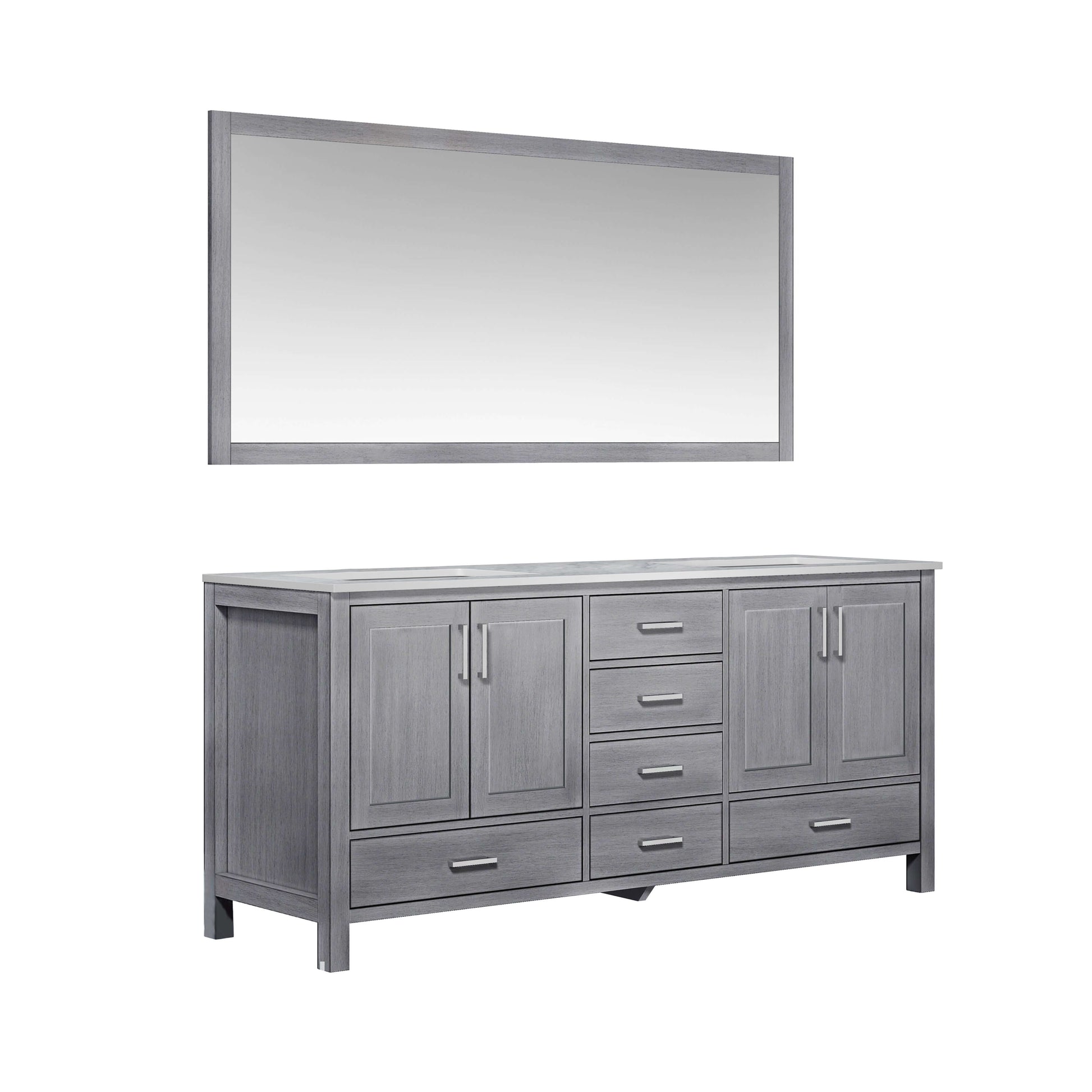 Jacques 72" Distressed Grey Double Vanity, White Carrara Marble Top, White Square Sinks and 70" Mirror - LJ342272DDDSM70