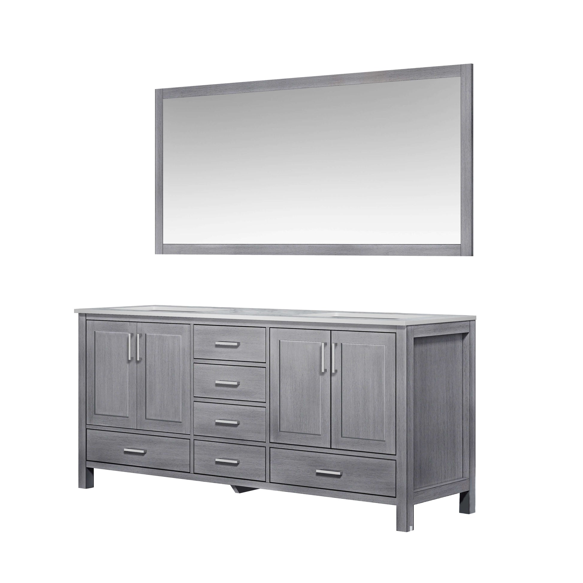 Jacques 72" Distressed Grey Double Vanity, White Carrara Marble Top, White Square Sinks and 70" Mirror - LJ342272DDDSM70