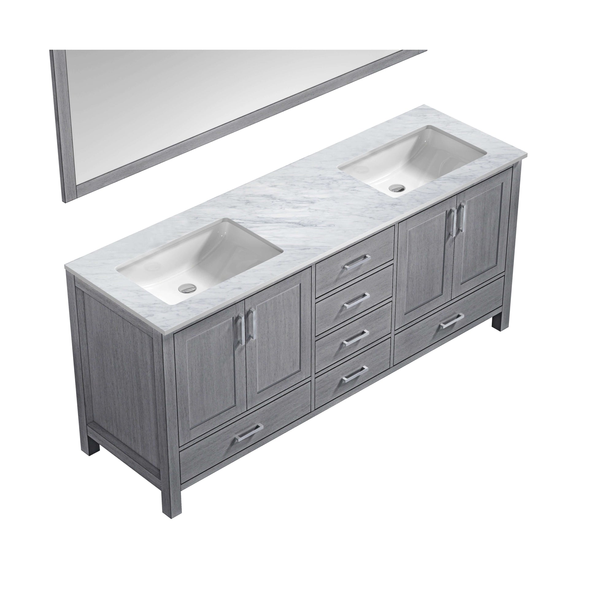 Jacques 72" Distressed Grey Double Vanity, White Carrara Marble Top, White Square Sinks and 70" Mirror - LJ342272DDDSM70