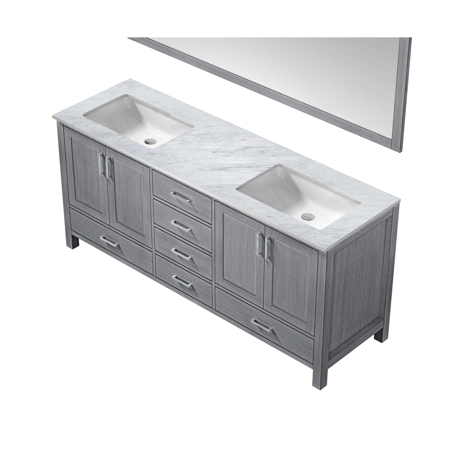 Jacques 72" Distressed Grey Double Vanity, White Carrara Marble Top, White Square Sinks and 70" Mirror - LJ342272DDDSM70