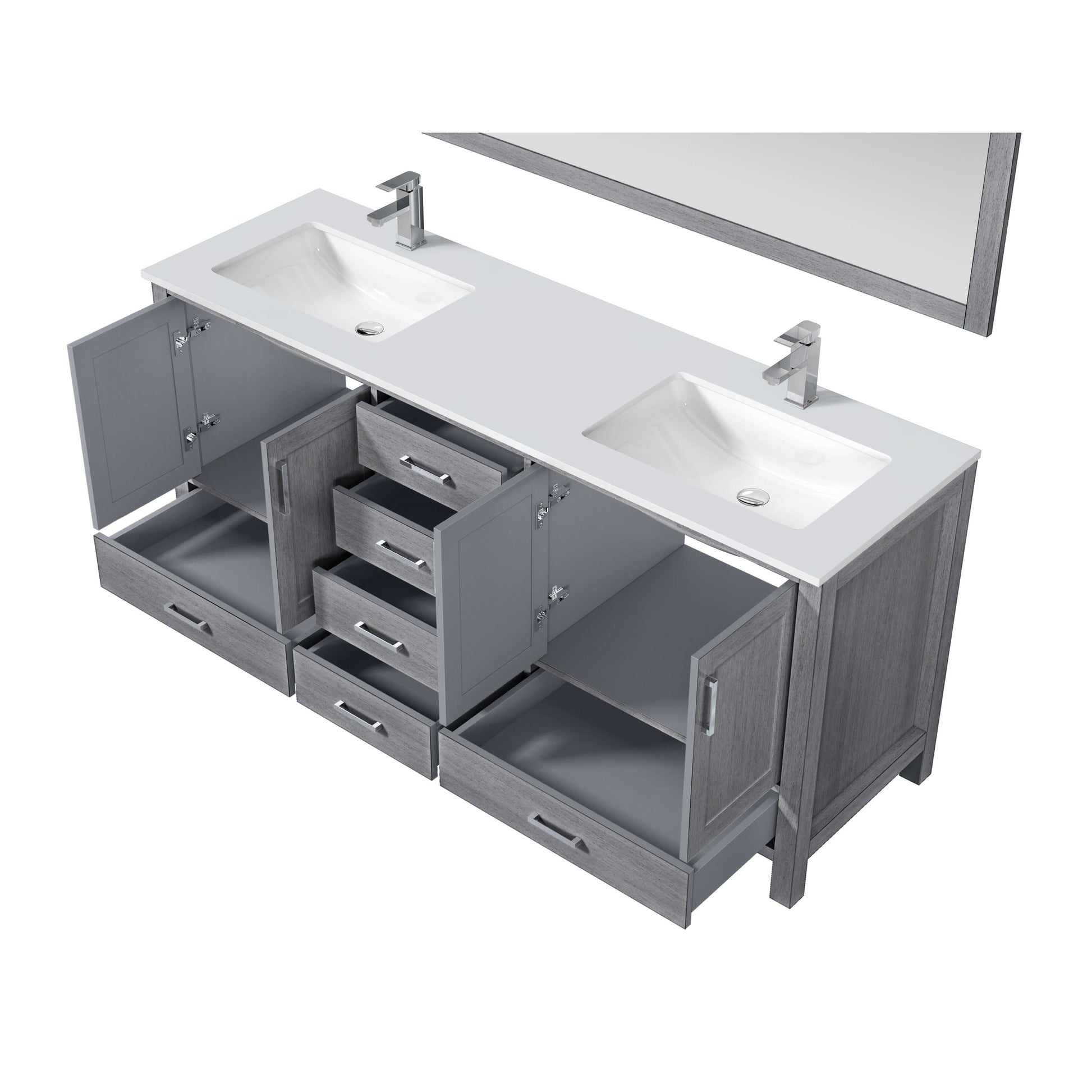 Jacques 72" Distressed Grey Double Vanity, White Quartz Top, White Square Sinks and 70" Mirror - LJ342272DDWQM70