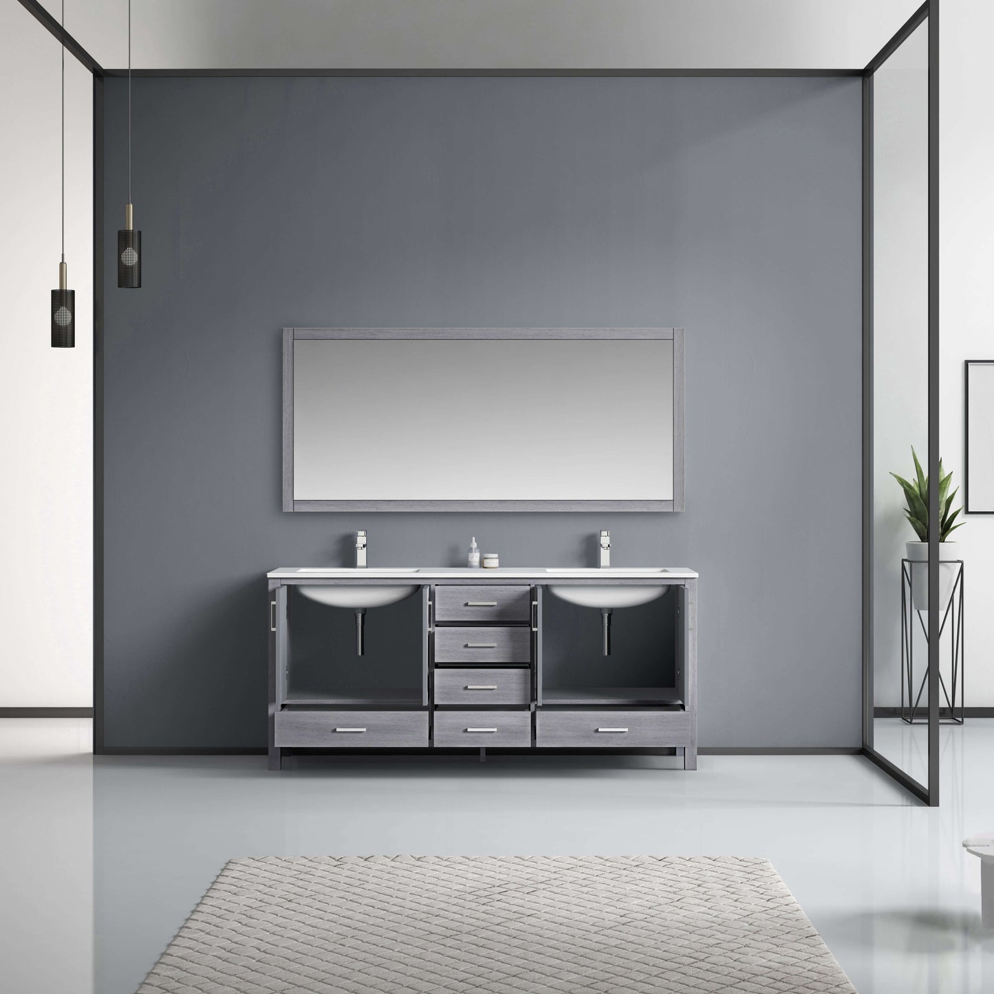 Jacques 72" Distressed Grey Double Vanity, White Quartz Top, White Square Sinks and 70" Mirror - LJ342272DDWQM70